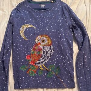 Mini Boden Blue Long Sleeve Shirt with Owl and Moon Design